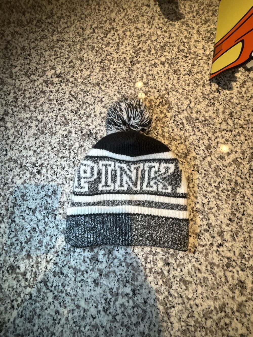 Victoria's Secret PINK Nation Beanie Winter Hat Striped Cozy Logo Knit Marl NWT